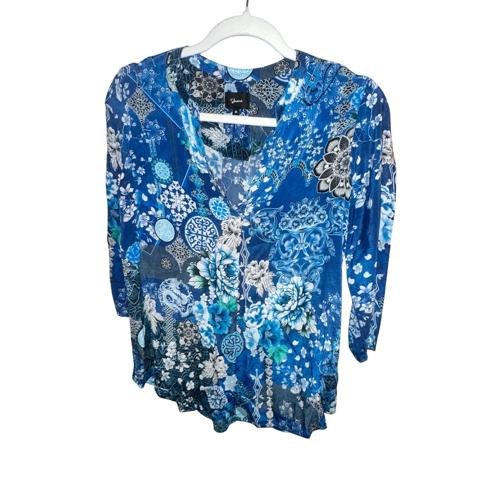 Shana Womens Blue Floral‎ Print V Neck 3/4 Sleeve Top Size Medium